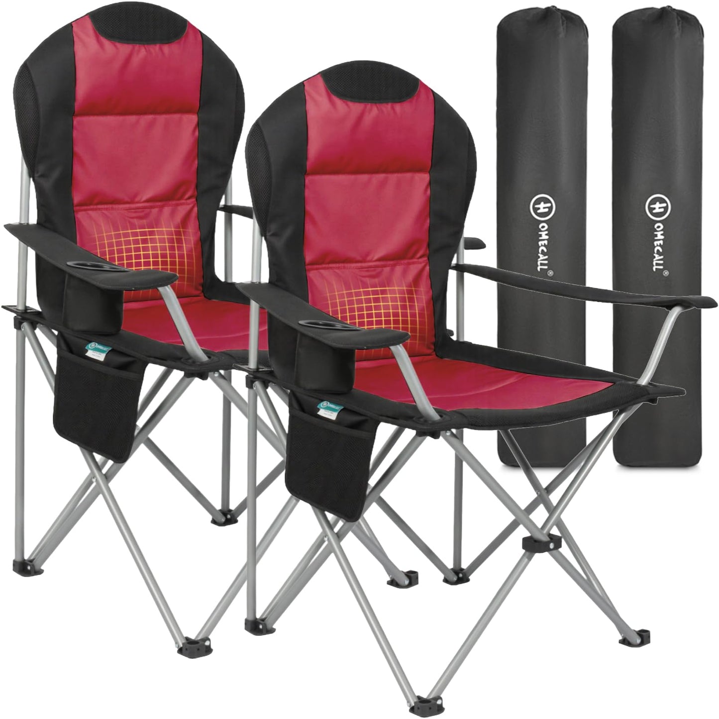 Homecall Camping Chair Foldable 150kg Load-bearing Camping Chair High-back 108cm with Lumbar Support, Padded Folding Camping Chair Fishing Chair Foldable for Garden Picnic (Red - 2 pieces)