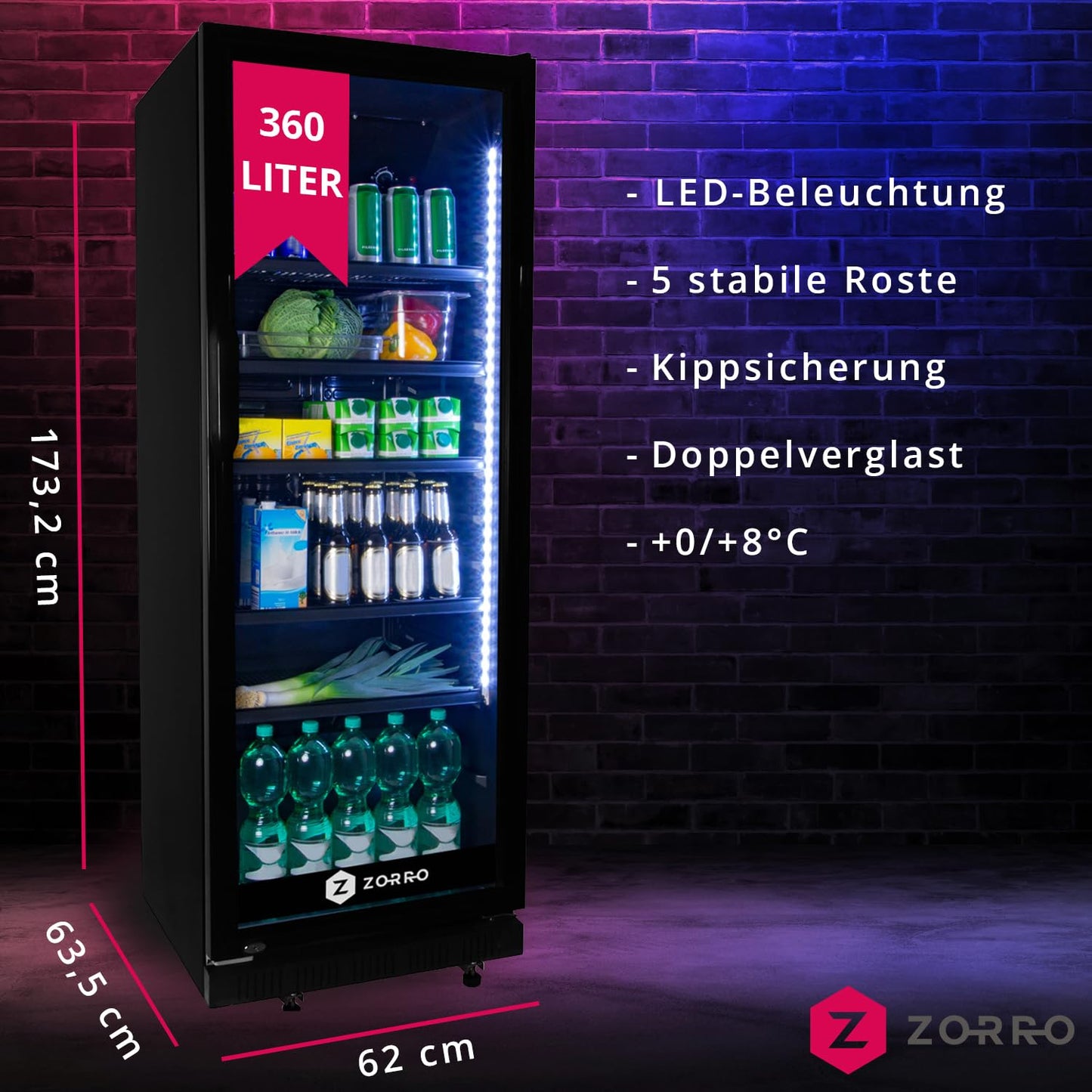 ZORRO beverage cooler ZKB 360 liters black bottle refrigerator refrigerator with glass door Gastro drink cooler