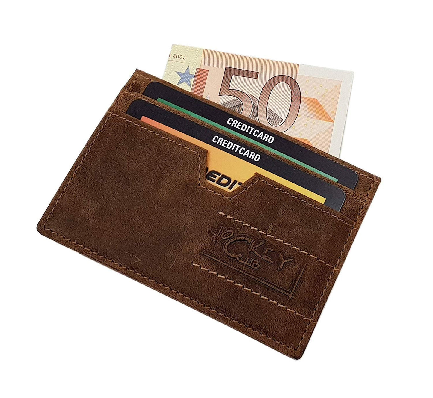myleathershop Genuine buffalo leather vertical biker wallet with metal chain and skull motif, removable card holder with RFID & NFC protection in brown.