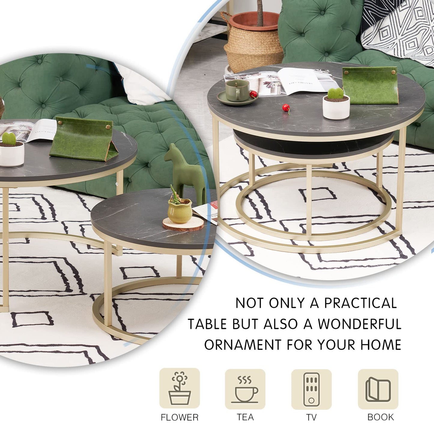 Soayone Round Coffee Table Set of 2, Black Marble Coffee Table with Gold Metal Frame, Round Side Table, Modern Living Room Table, Nesting Tables for Living Room Bedroom Balcony