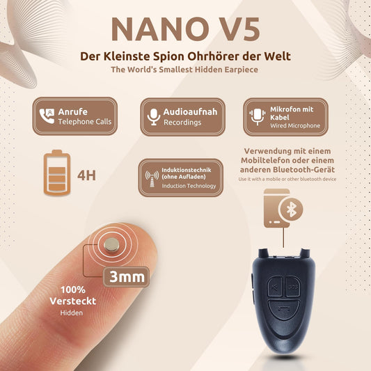 PingaOculto Spy Headset Bluetooth for Exam Mini Nano Invisible Headphones for Phone with Microphone Wire and Adhesive Strips - Invisible Earphones Wireless Headset Cheater (Spy Headset Nano V5)