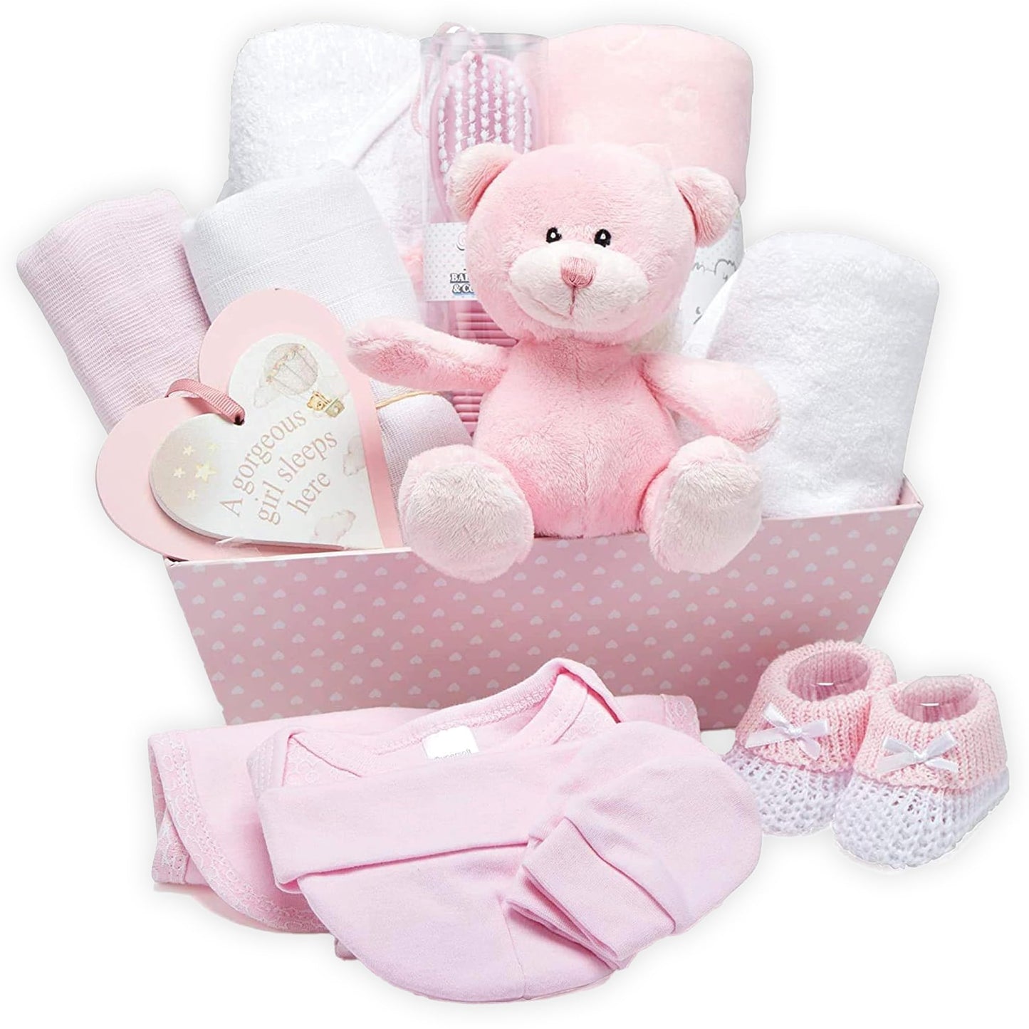 Baby gift set and memory box - Pink, Hand-wrapped gift for baby girl - with teddy bear, baby shoes, onesie, bib, hat, blanket, hooded towel, hanging sign.