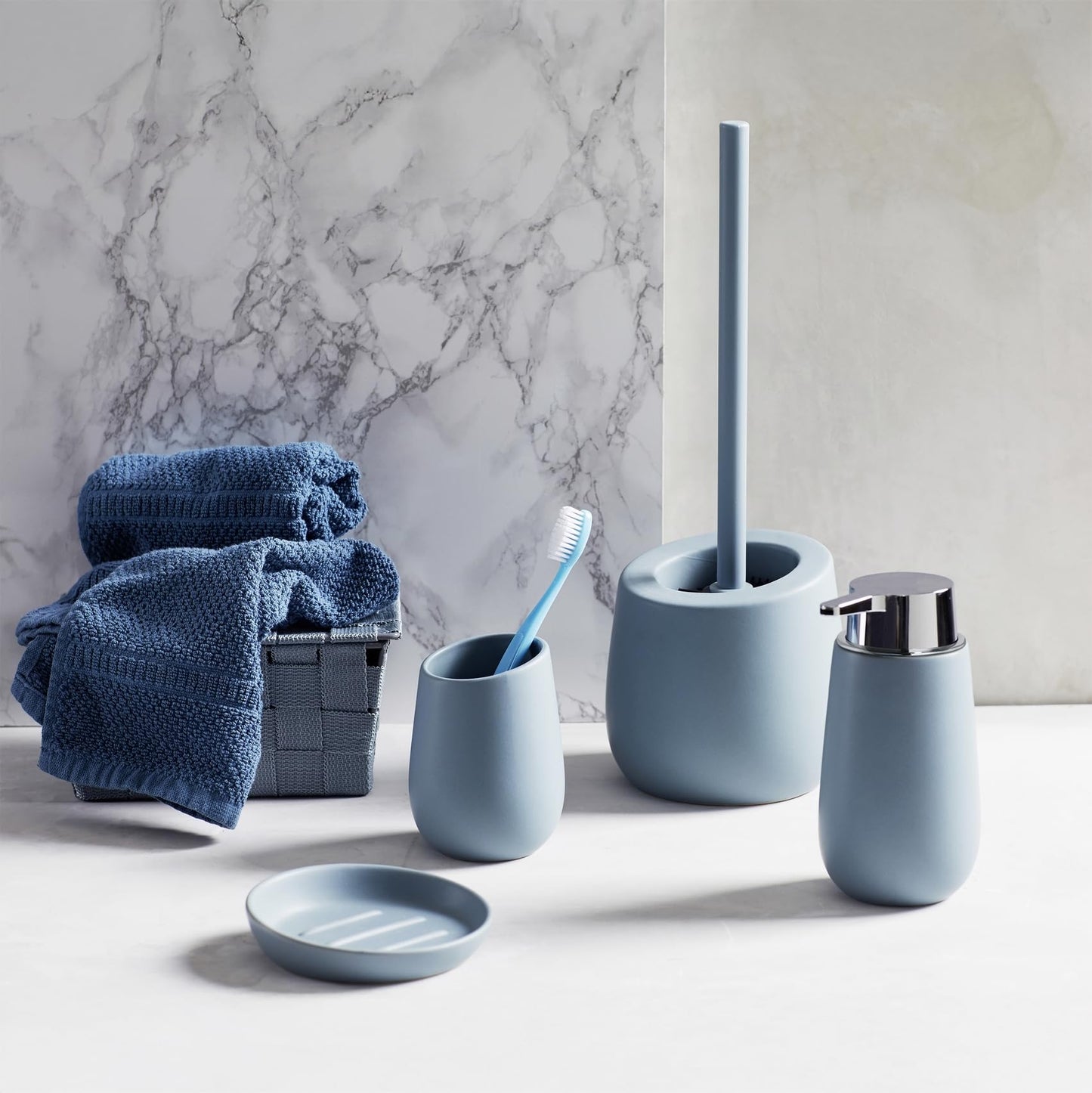 WENKO toilet brush set Mod. Badi, high-quality ceramic bathroom accessory with matte surface, includes toilet brush with Ø 7.5 cm black silicone brush head with non-stick effect, Ø 13.5 x 38 cm, blue-gray.