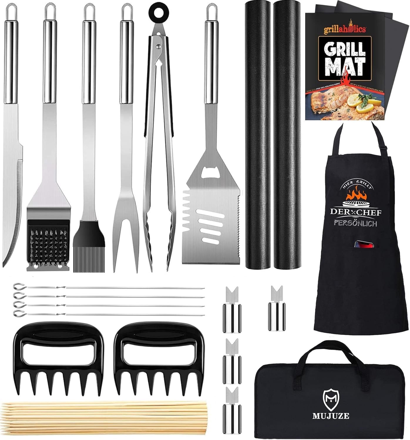 BBQ Tools Set, Grill Accessories Men's Gift Christmas, Stainless Steel BBQ Toolbox Set of 21, Grilling Accessories with BBQ Tongs, Spatula, and Apron, BBQ Grill Set Ideal for Outdoor and Camping.