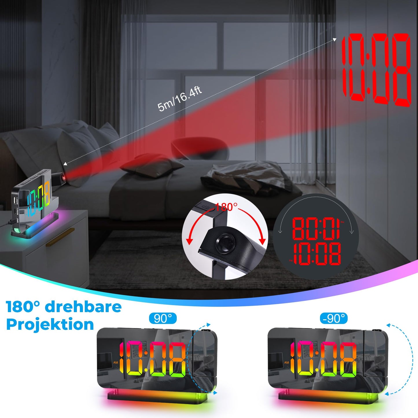 SZELAM Digital Alarm Clock, Radio Alarm Clock with Projection, 7.4" LED Radio Alarm Clock with Sleep Timer, 180° Rotatable Projector, 10-Color Nightlight, 11 RGB Color Digital Display, Digital Table Clock for Kids, Girls