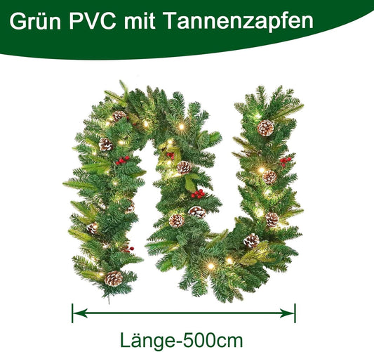 UISEBRT Christmas garland with lights, pine garland 5m, with 75 LEDs pine cones red berry artificial garland Christmas decor wreath for indoor & outdoor (Type A with string lights)
