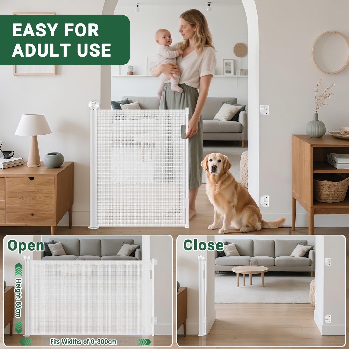Ycozy retractable stair gate door guard 0-300 cm child safety gate one-handed opening barrier for baby and pets stair gate indoor outdoor area (White)