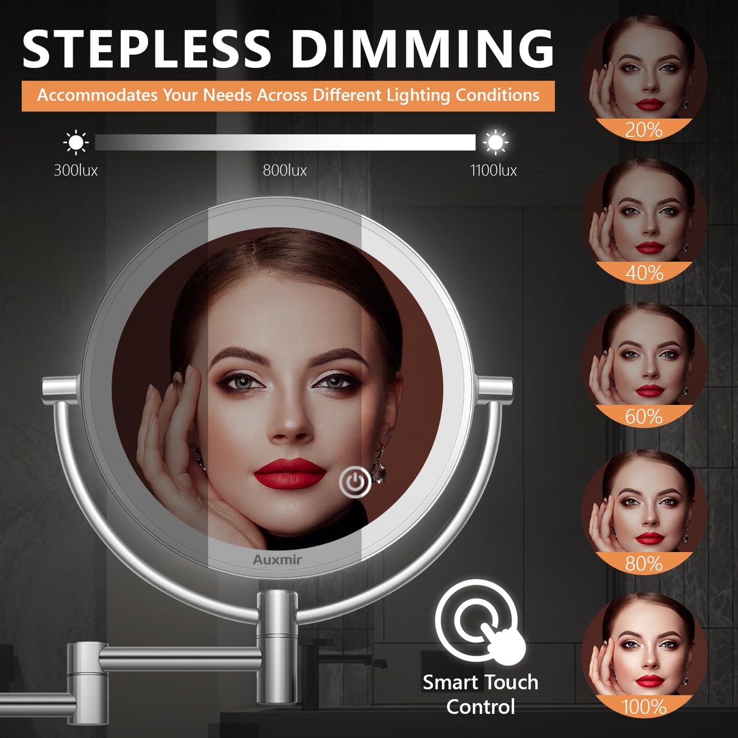 Auxmir makeup mirror with LED lighting, 1X / 5X magnification, double-sided stainless steel vanity mirror, wall-mounted for bathroom, spa, and hotel.