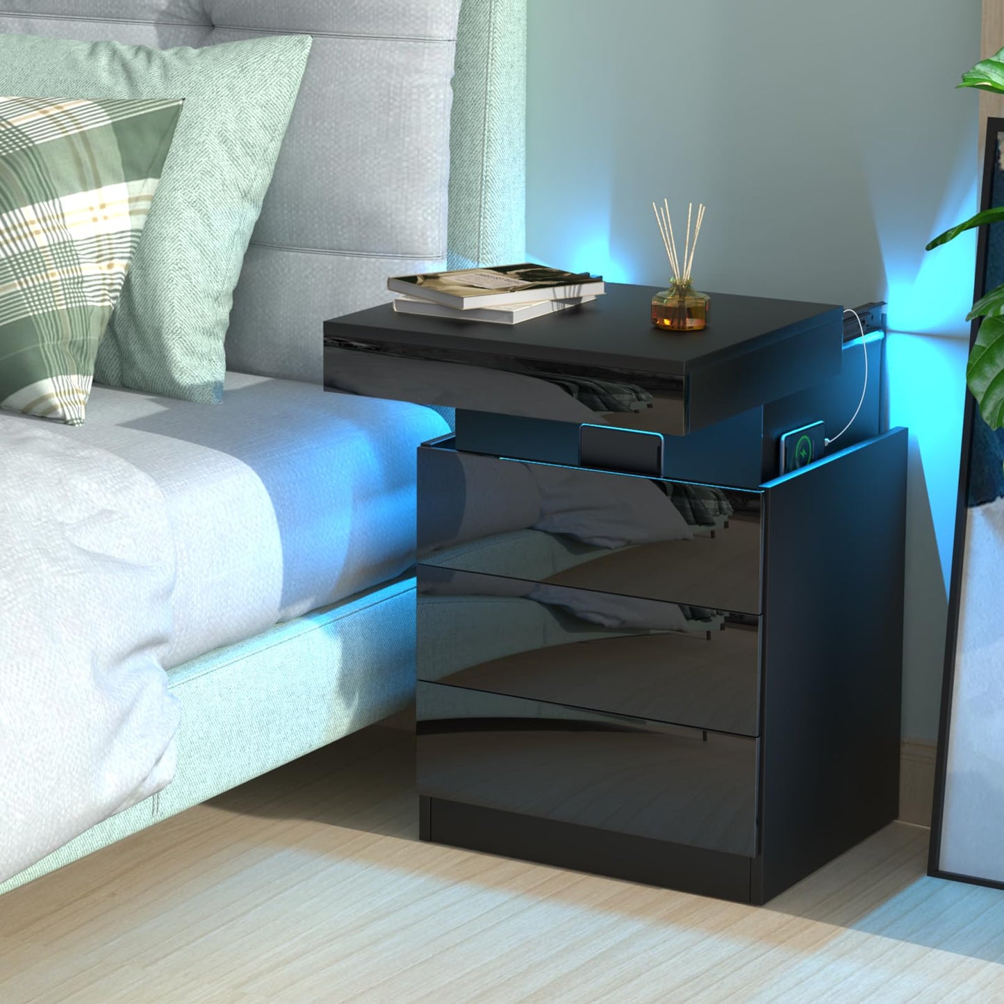 Lvhcmfohm nightstand with outlet, bedside table with LED light, nightstand with 3 drawers and hidden sliding cabinets for living room, bedroom (Black, 45x40x67cm)