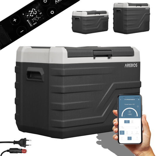 Arebos Compressor Cooler Box 35 liters | Electric Freezer Box with APP & Smart Control | Portable Cooler with USB connection | up to -20 °C | 12/24 V 230V | for Car, Truck, Camping, Boat, RV