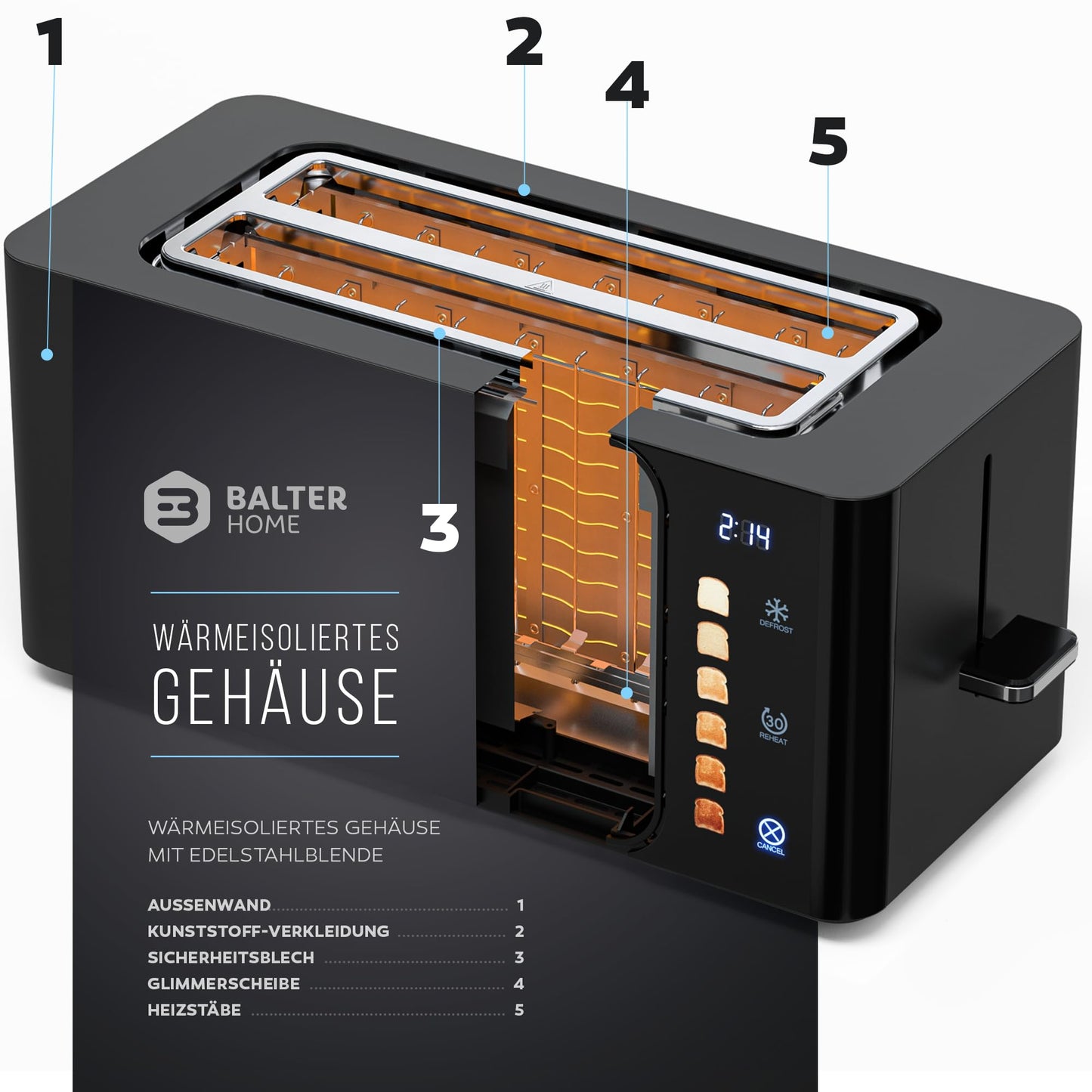 Balter 4-Slice Toaster, Touch Control, Long Slot, Stainless Steel, Bun Warmer, LCD Display, Defrost Function, Bread Centering, TS-44 Matte Black
