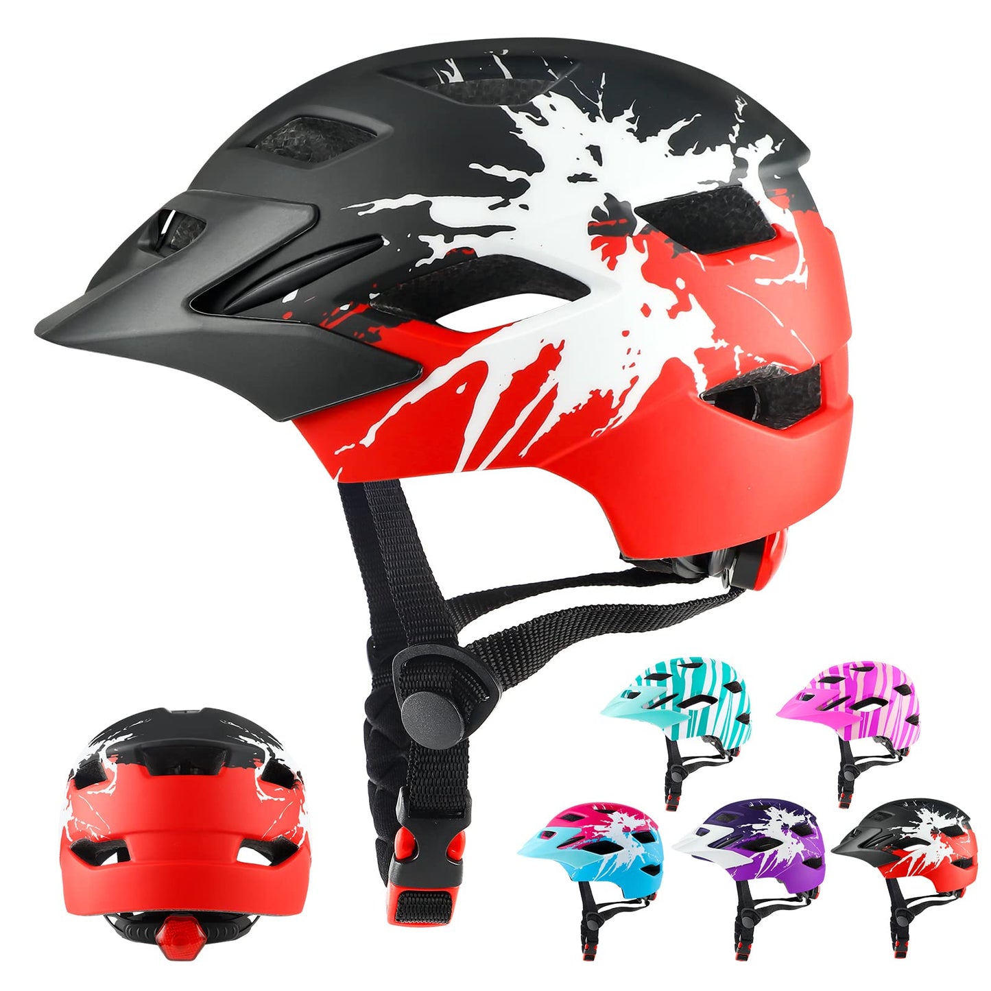 RaMokey Kids Bike Helmet, Bike Helmet with Light for Kids, Lightweight Kids Helmet with Adjustable Dial for Girls and Boys 50-56CM (ages 5-14) (Black+Red)
