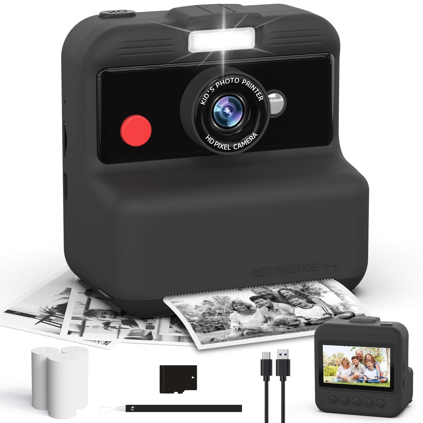 CAMCLID instant camera for kids, 3.0 inch screen kids camera instant camera, 48MP/1080P kids camera instant print with 32GB card, toy gift for boys and girls age 3-12 (black)