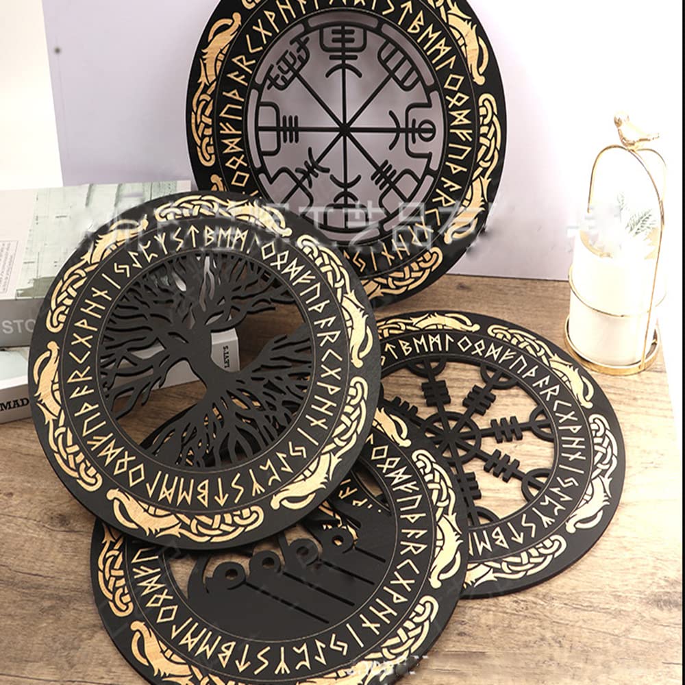 Arsey Vikings Nordic Mythology Runes Wooden Ornaments Medieval Decor Wall Sculptures Wall Ornament Compass Tree of Life Vegvisir Wall Decor Living Room Bedroom Wall Art, Wood, Yellow, 4 Pieces