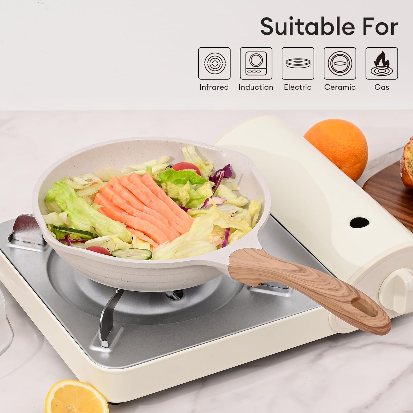 JEETEE Aluminum Frying Pan 20 cm Glass Lid, Pan with Non-Stick Coating, Induction Gas Electric Oven, Coated Frying Pans, Induction Pan with Handle, frying & cooking, PFOA-free (beige)
