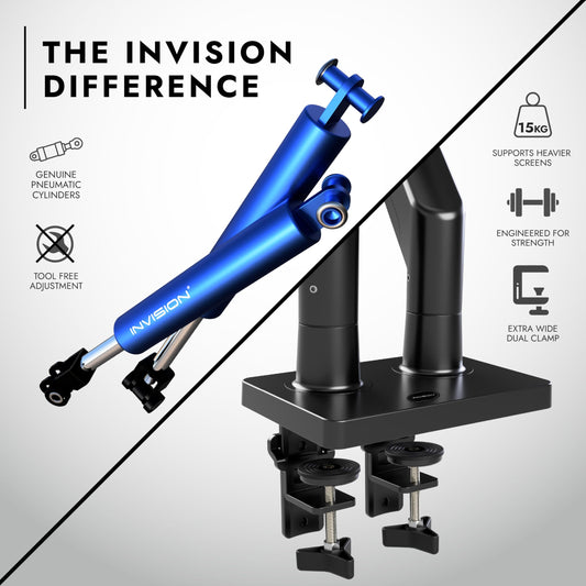 Invision dual monitor mount for 24-35 inch screens VESA 75mm & 100mm Adjustable height Tilt Swivel & Rotate Ergonomic Gas spring desktop clamp mount Supports 2kg-15kg (MX900)