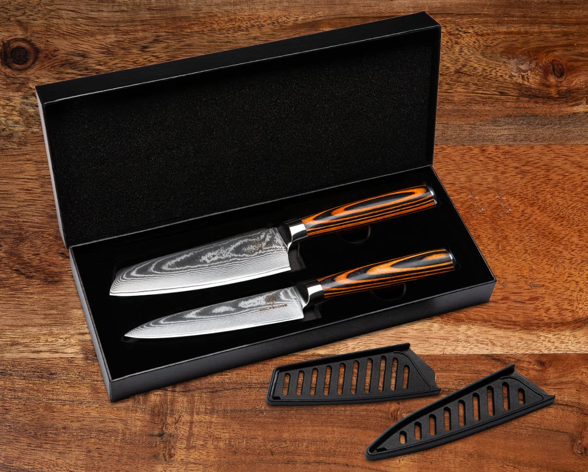 Wolfblood Damascus Knife Set 2 pieces (24cm) Professional Damascus Kitchen Knives made of 67 layers of Damascus steel - with Chef's knife Santoku knife wooden handle gift box and blade guard