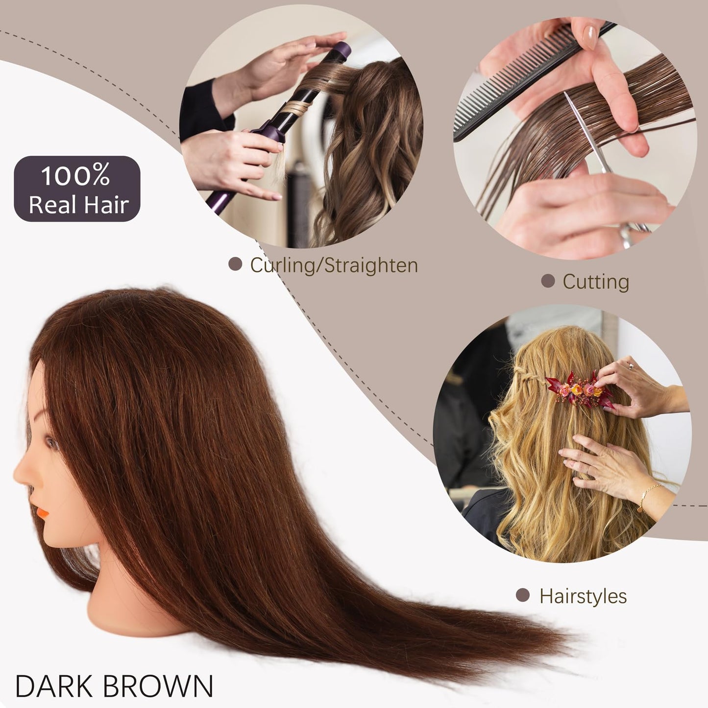 DaizySight Adult Mannequin Head 100% Real Hair, Hairdressing Training Head for Styling and Children, Practice Head Mannequin with Clamp and Hairstyling Tool, Length: 46cm, Dark Brown