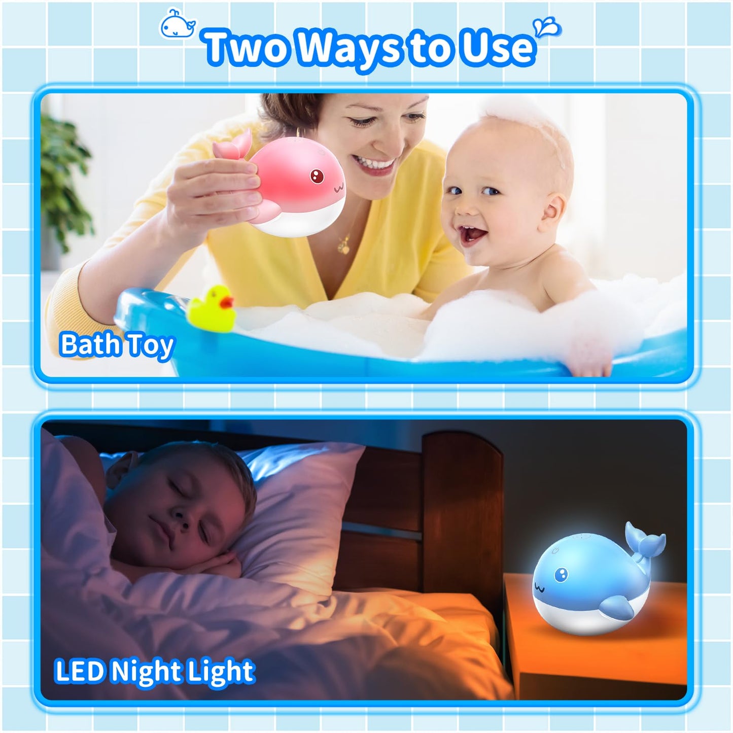 PHNIXGAM Baby Bathtub Toy, Rechargeable Light Up Whale Bath Toy Sprinkler Bathtub Pool Water Fountain Toy for Toddlers Kids, Blue