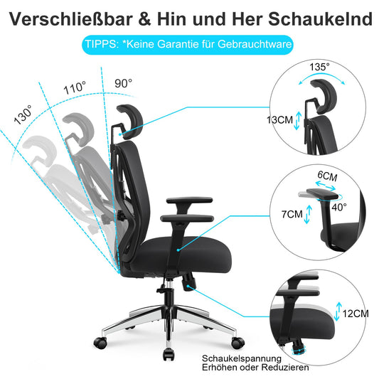 Ticova Office Chair, Ergonomic Desk Chair, High Back Ergonomic Chair with Adjustable Lumbar Support, Headrest & 3D Armrest - 130° Swivel Computer Chair.