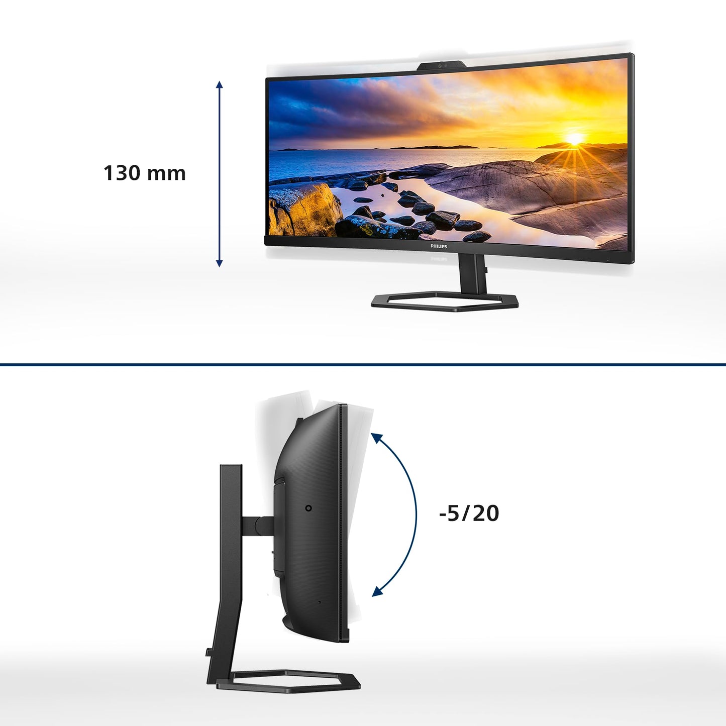 PHILIPS 34E1C5600AM - 34-inch WQHD Curved Monitor, Webcam, Height Adjustable, Speakers (3440x1440, 100Hz, HDMI, DisplayPort, USB-C, USB Hub) black