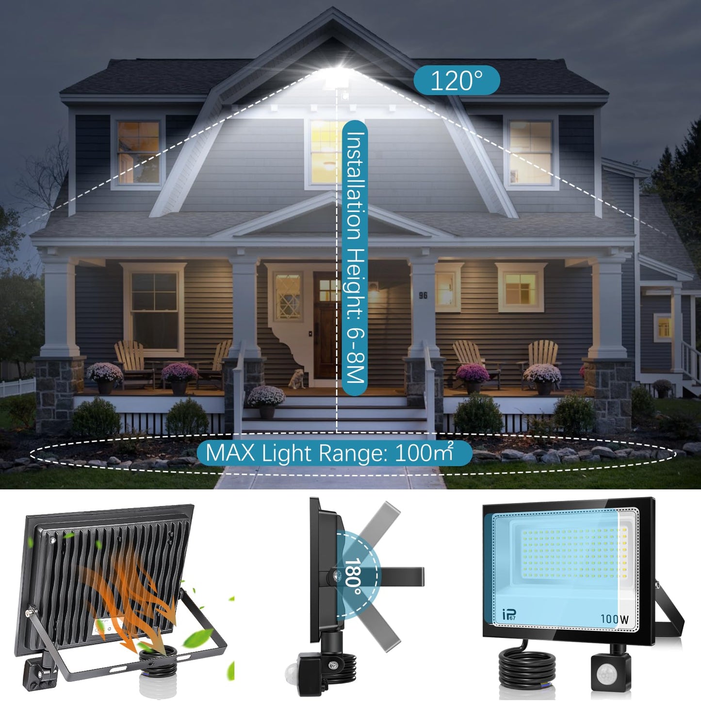 YZYFACAI 100W LED Floodlight with Motion Sensor Outdoor 2Pcs, Super Bright 10000LM LED Spotlight, 7000K Daylight White Spotlight, IP67 Waterproof Outdoor Floodlights, for backyard, courtyards, driveway, garage, hallway.