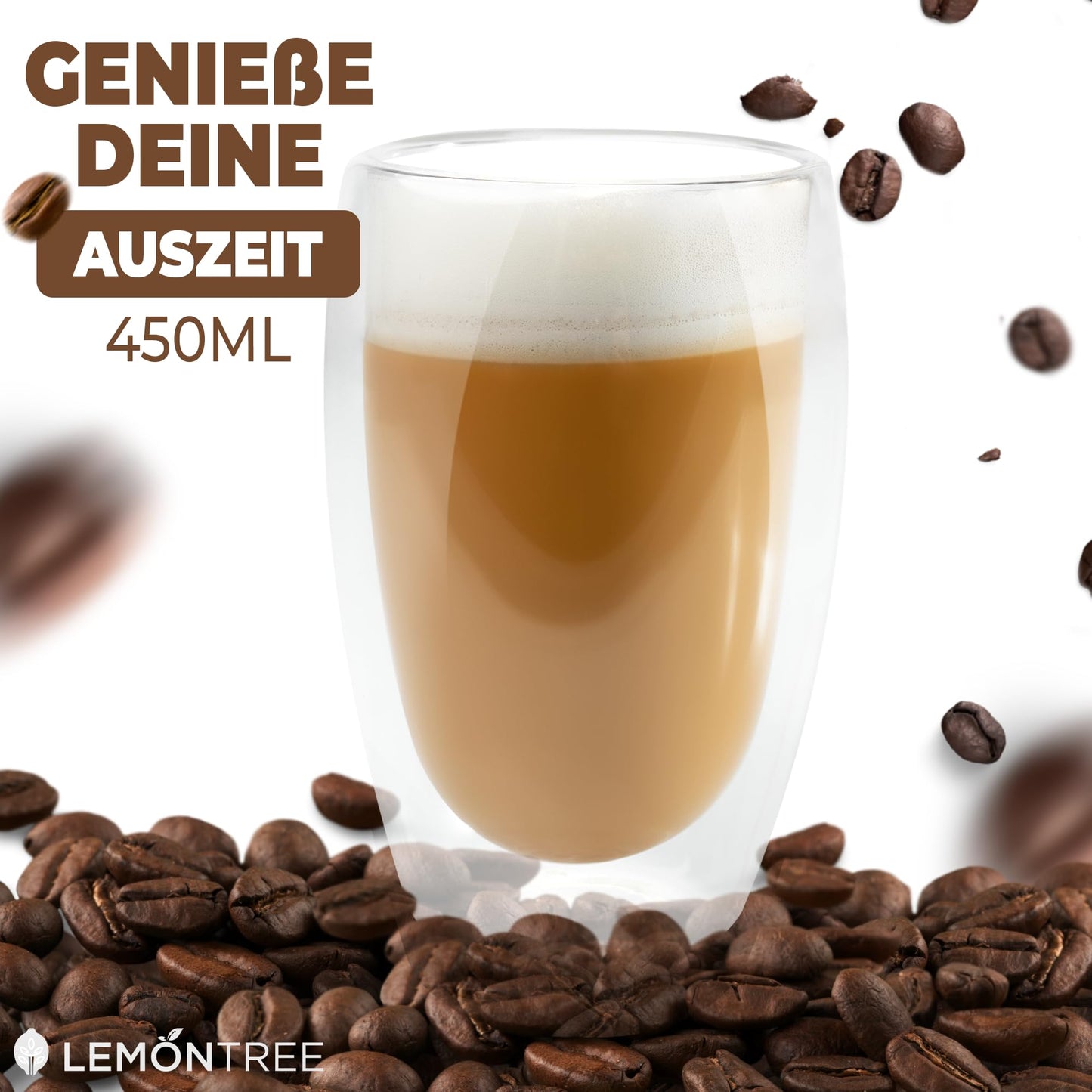Lemontree 4-piece set of large Latte Macchiato glasses 450ml - double-walled glasses, design coffee cups, tea glasses heat-resistant, cappuccino cups made of borosilicate glass.