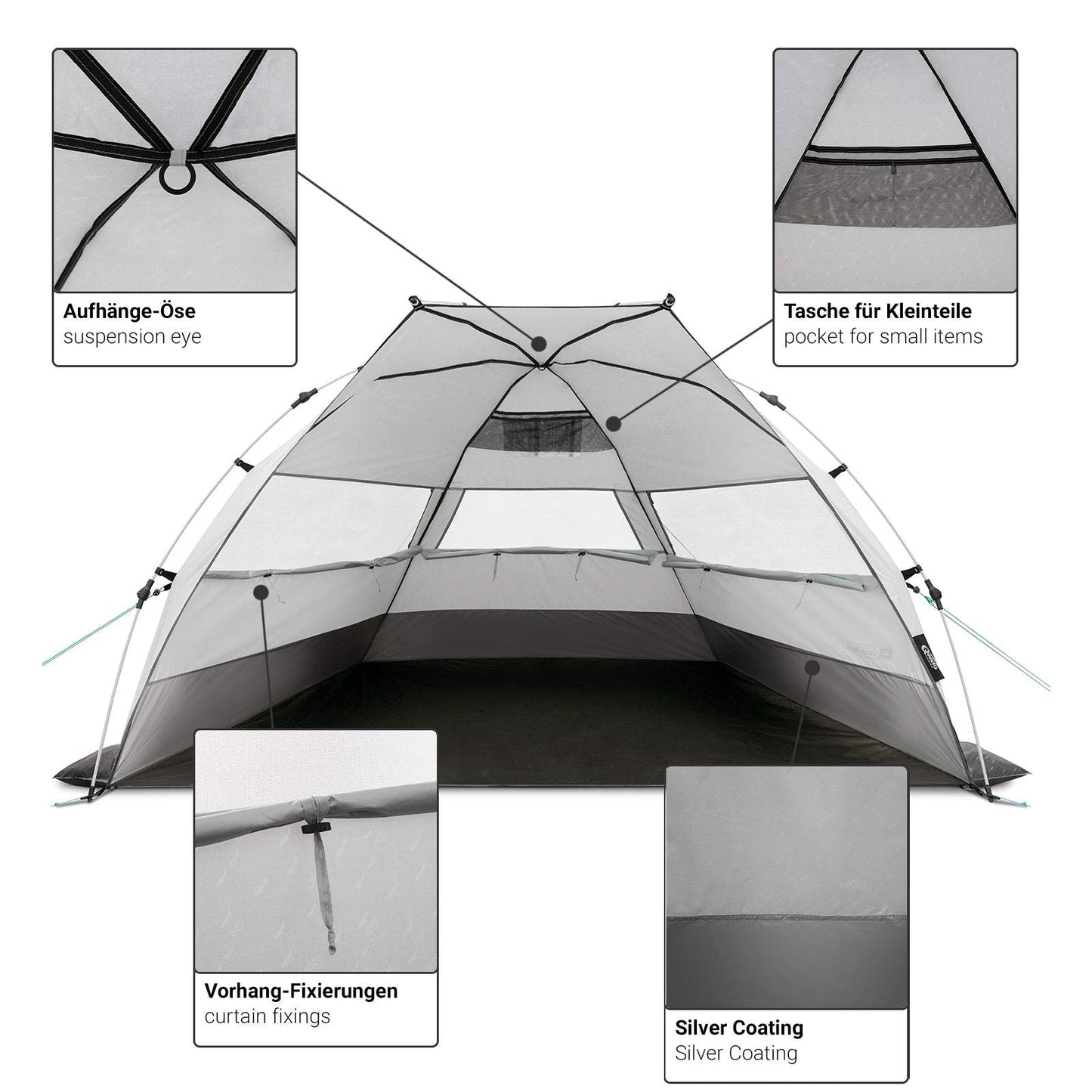qeedo Quick Bay Pro beach tent with UV protection (UV80) beach shelter, Quick-Up system - Warmgrey