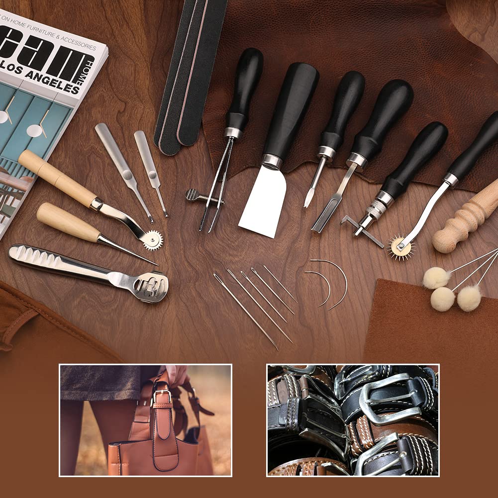 Leather craft tools, 37-piece leather sewing set, leather craft tool set for leatherworking with storage pouch for cutting, punching, sewing, carving