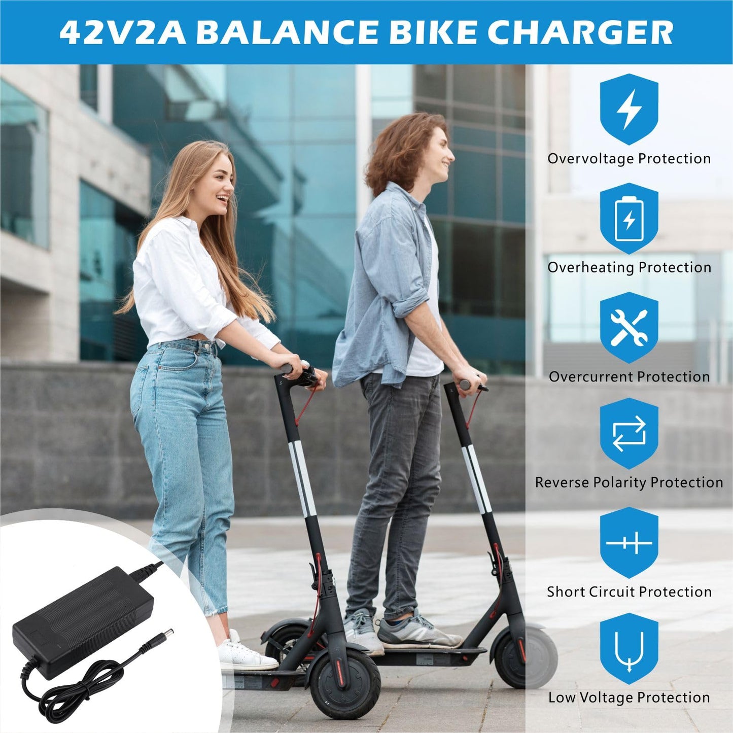 JIZZU Charger for Scooter, E Scooter Charger, 36 Volt 42V 2A AC Power Supply Bike, Hoverboard Charging Cable with 6 Connectors, Hoverboard Battery Electric Scooter Charger for Electric Scooter.
