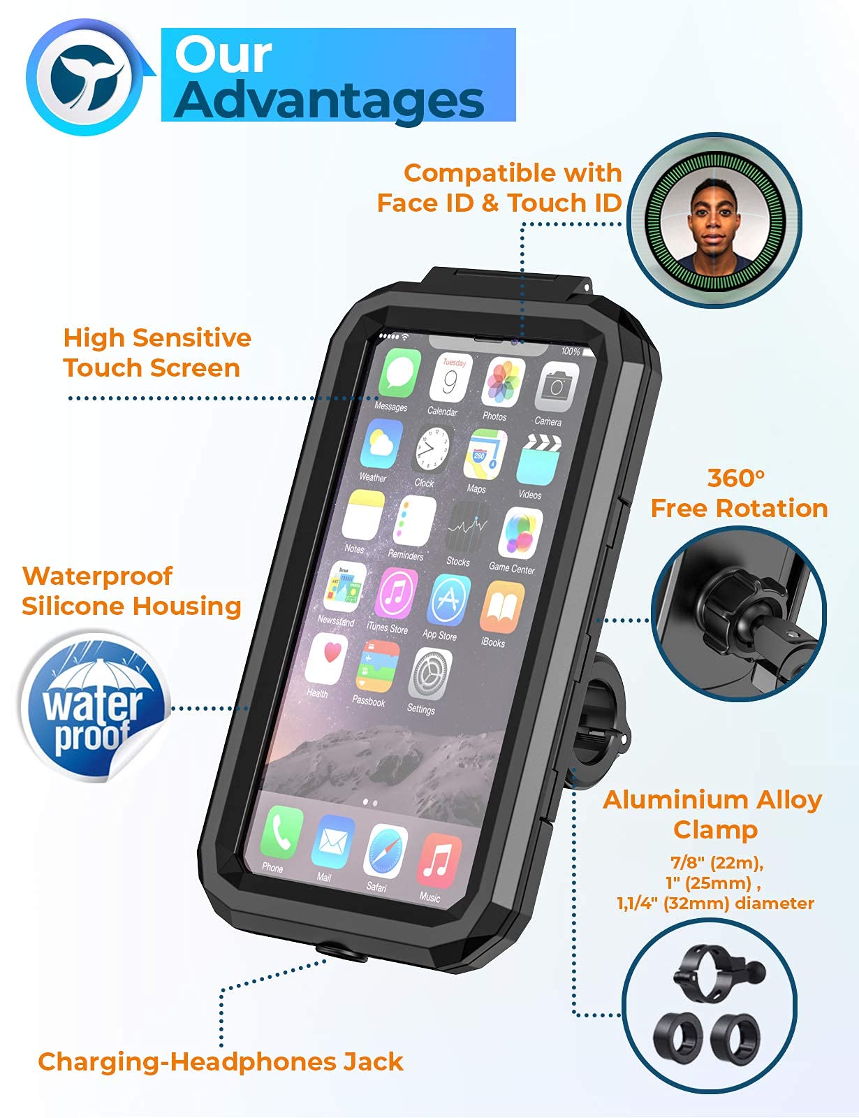 Orcas motorcycle phone holder Waterproof - for mountain bike, scooter, e-bike, MTB 360° adjustable, 6 inches to 7 inches Mobile holder for cycling, Fits iPhone Xr Max, Samsung Note