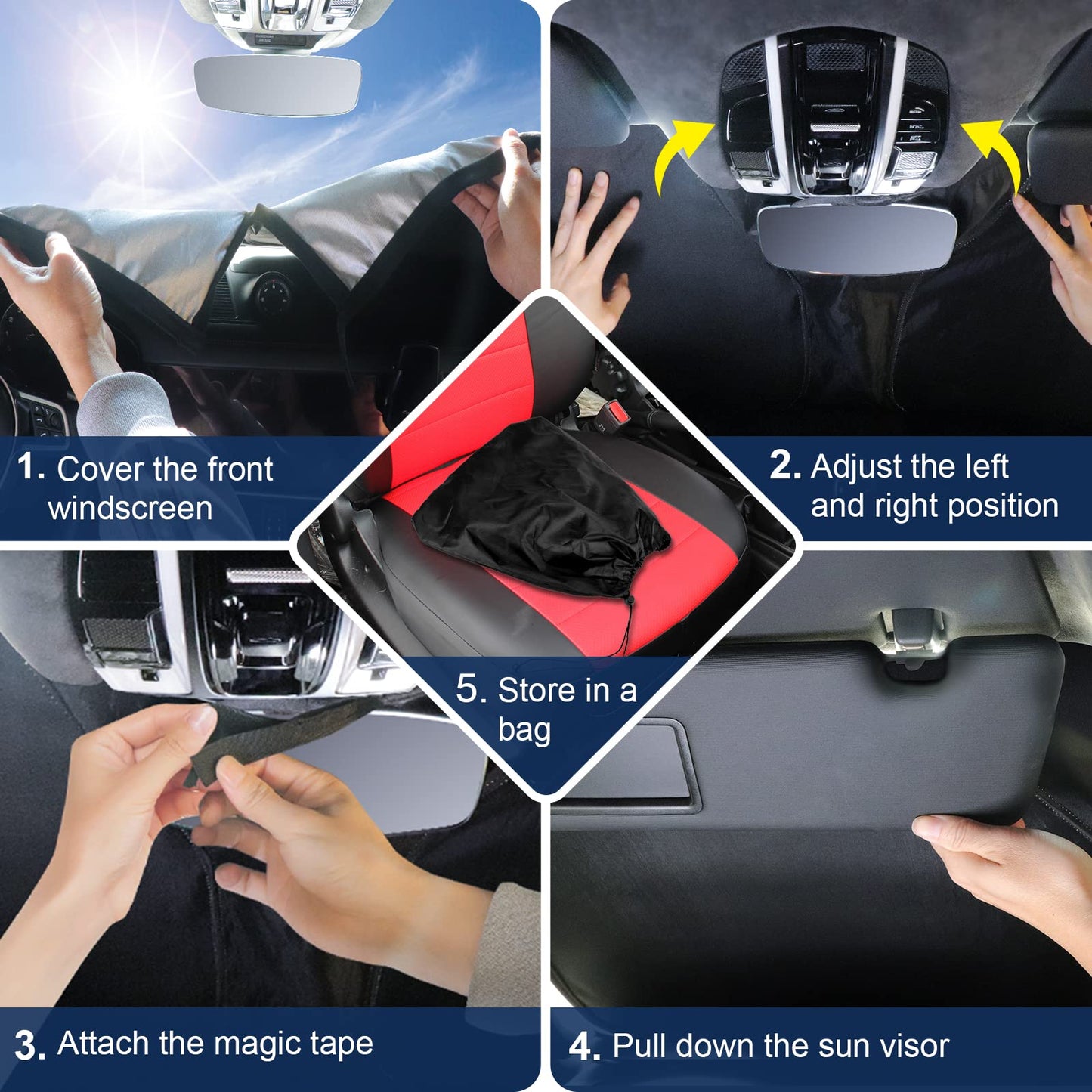 JOOLESER Car Windshield Sun Shade - Blocks UV Rays Sun Visor Protector, Sunshade to Keep Your Vehicle Cool and Damage Free, Easy to Use, Fits Windshields of Various Sizes (L)