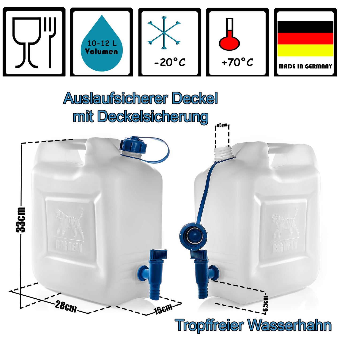 BigDean 3X Water Canister 12L Drinking Water Container, Water Container with Tap, Food Grade, suitable for 10-12 liters, -20 to +70 degrees Celsius Travel Canister