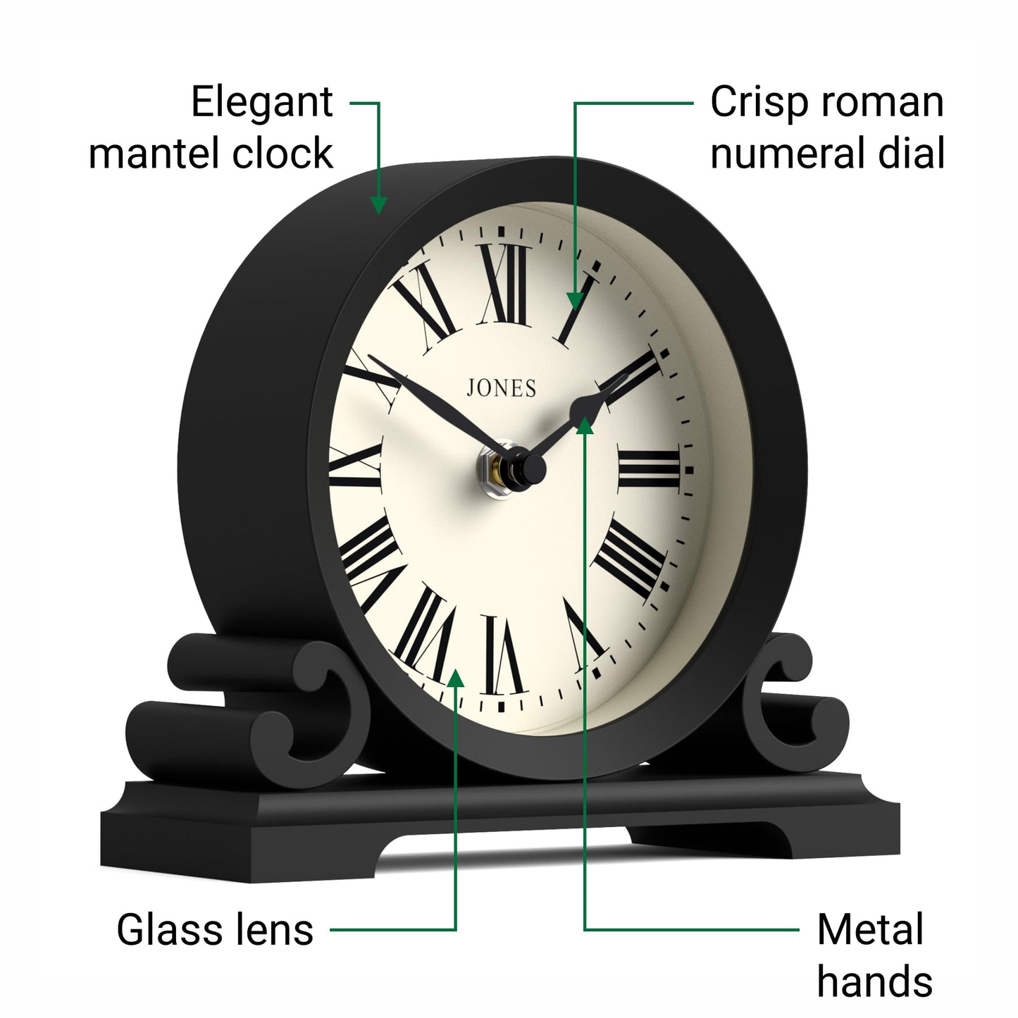 JONES CLOCKS® Saloon Mantel Clock | Traditional double bell design | Black | Roman numerals | Classic style for desk, table, shelf, or nightstand