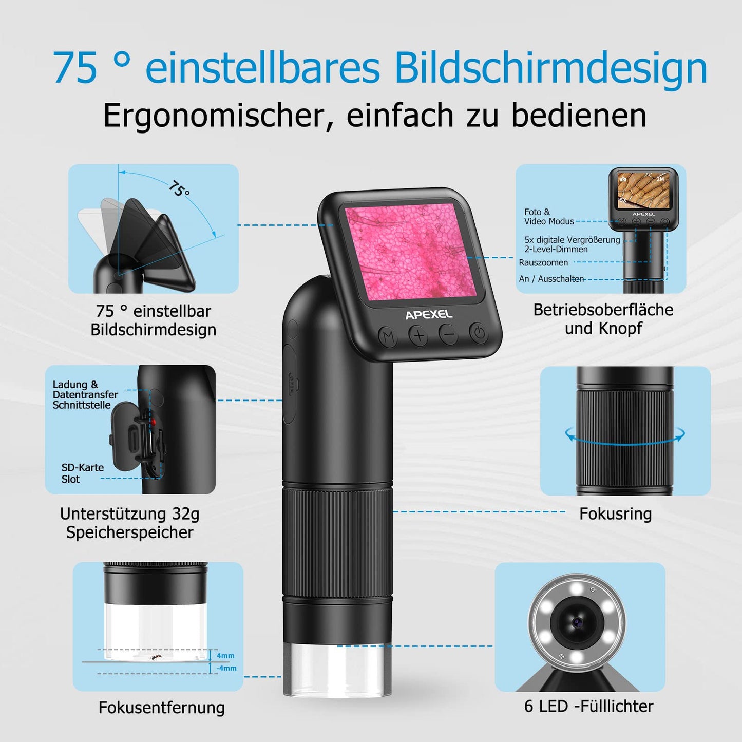 LCD Digital Handheld Microscope, 800x Portable Pocket Microscope for Kids with LED Lights. Connects to PC via USB, comes with SD Card and Slides.