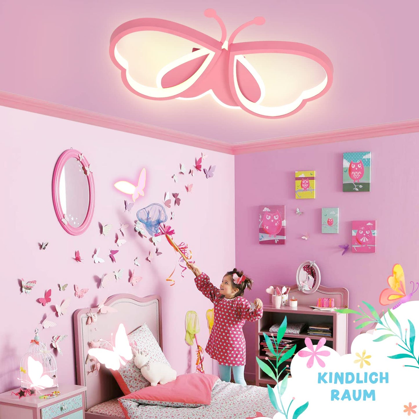 LUOLONG LED Children's Ceiling Lamp Butterfly Ceiling Lamp Dimmable Acrylic Ceiling Light Kids Room Creative Ceiling Lamp Girls' Room Bedroom Cartoon Ceiling Light - Pink 52 cm