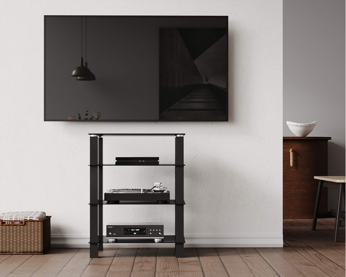 FITUEYES TV stand HiFi shelf Audio cabinet Glass and Aluminum 600x455x770mm