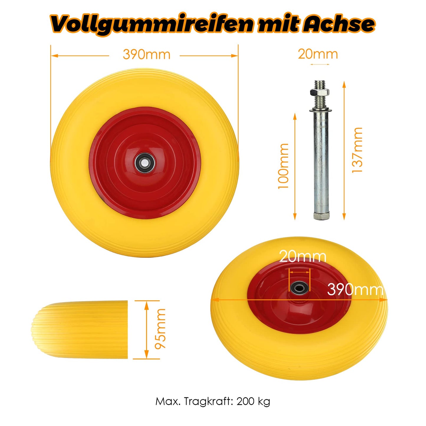 Jiubiaz wheelbarrow wheel 4.80 4.00-8 Solid rubber with axle, wheelbarrow wheel pneumatic tire replacement, rubber wheel, puncture-proof, Ø390mm, 200kg load capacity spare wheel, 95mm width tire for wheelbarrow.