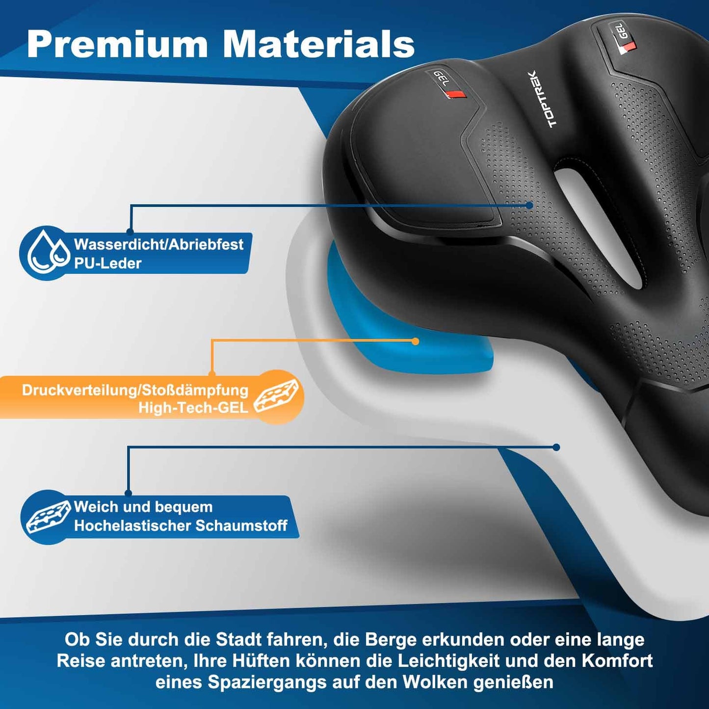 Toptrek bike saddle for men and women, comfortable and soft, ergonomic design for pain-free cycling. 2025 upgraded bike seat, breathable and shock-absorbing for e-bikes, mountain bikes, road bikes, and city bikes.