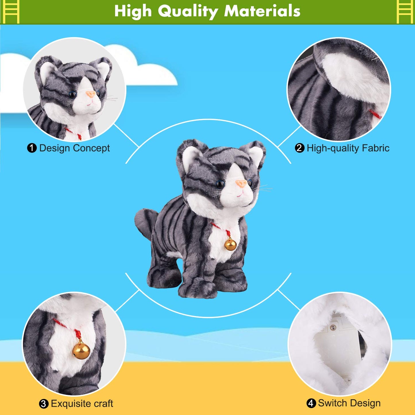 Marsjoy Interactive Plush Cat, plush toy, gray robot, with touch control, electronic cat pet, robot cat toy, animated toy for girls, kids, L: 30.5 cm.