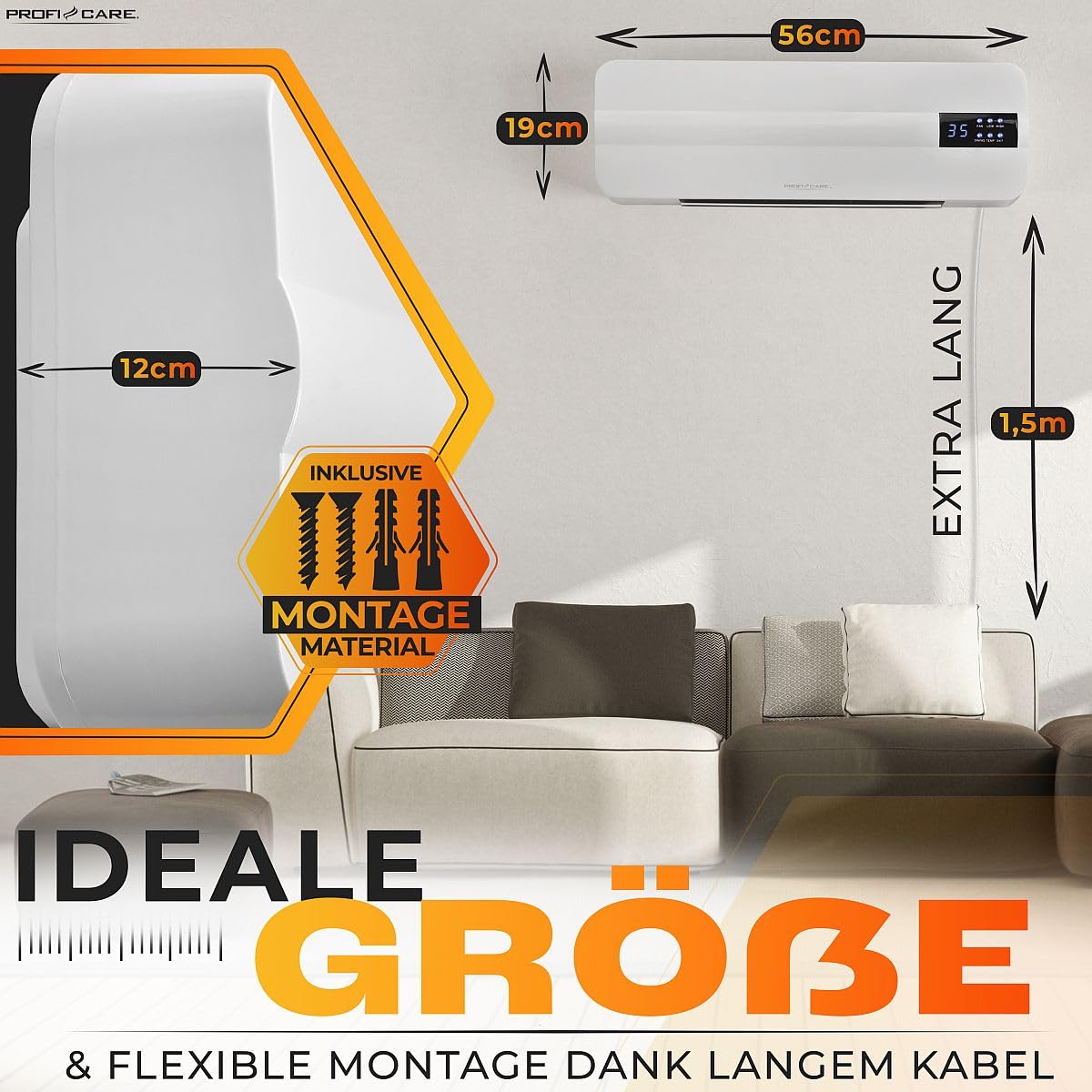 ProfiCare® wall fan heater with window open detection | Radiator for up to 60sqm | Electric heater for wall mounting including mounting material | Heater with 1.5m cable, remote control & timer | PC HL 3116