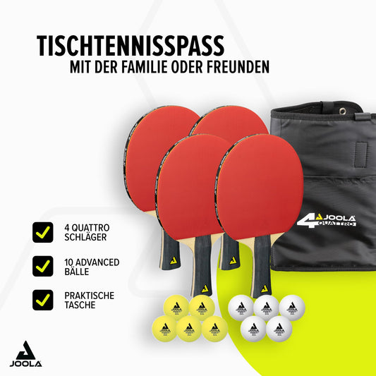 JOOLA Table Tennis Set Quattro, 4 Table Tennis Rackets + 10 Table Tennis Balls + Bag, 28.5x26x8.5cm