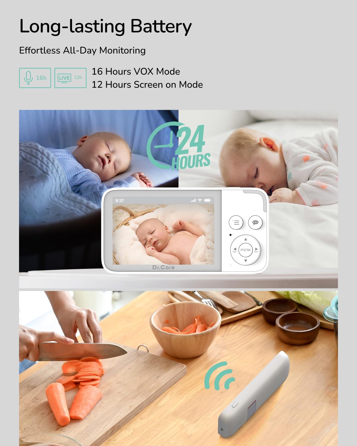 Dr.Care NeoView baby monitor with camera, 3.5" screen, video recording, 2-way audio, loop recording, night vision, VOX, temperature sensor, lullabies, no Wi-Fi, supports up to 128GB.