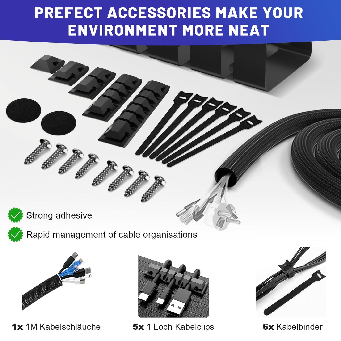 Lannvan Cable Channel Desk without drilling - 2 pack Cable Management Desk Clamp Under Desk - Includes Accessories - 43 x 13 x 12 cm Cable Holder Cable Tray Table - Cable Basket Black
