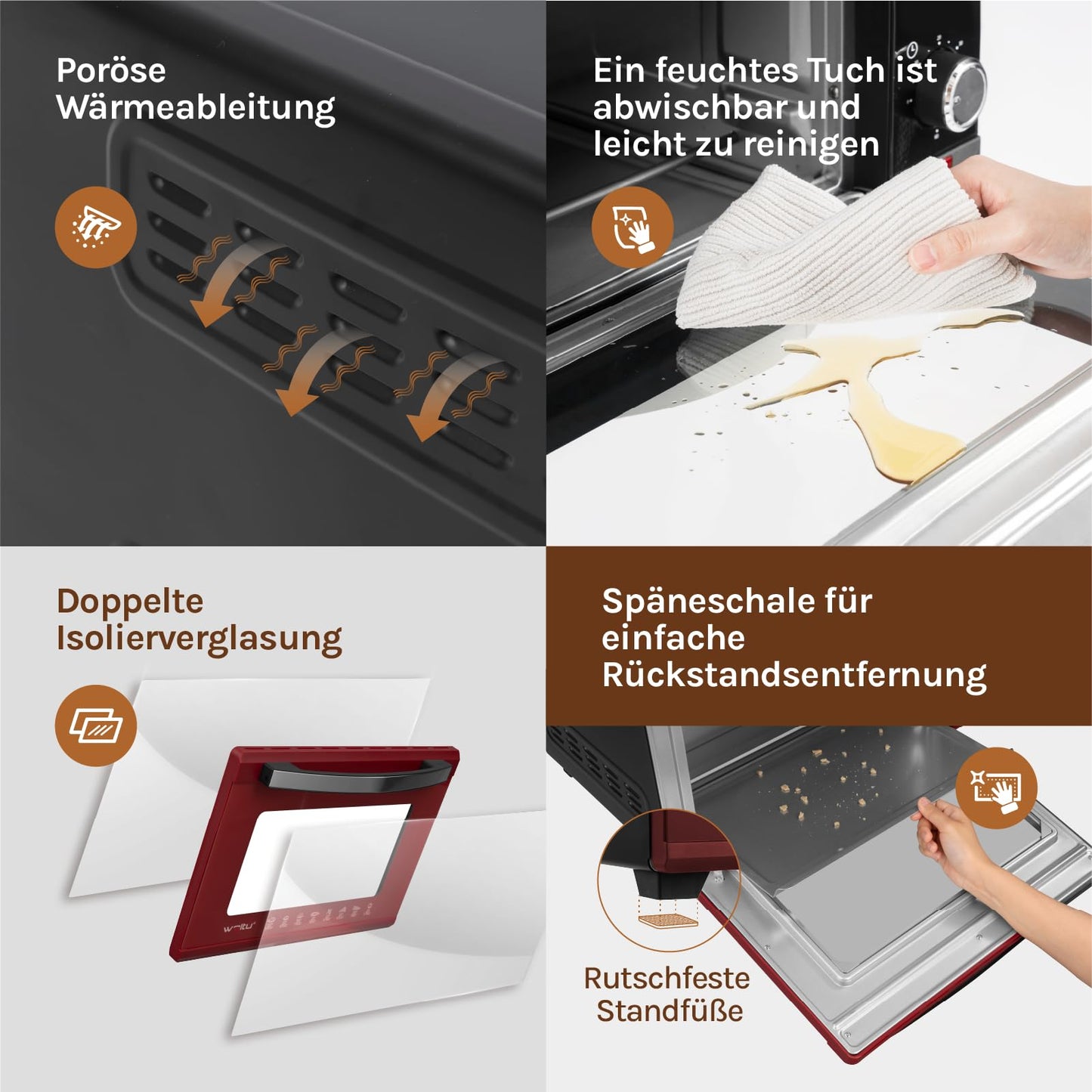 WOLTU Mini Oven, Pizza Oven 32 L, 1600 W, 100-230 °C, 0-60 Min. Timer, 5 Heating Modes, Double Glass Door, with Rotisserie, Baking Tray, Grill Rack, Crumb Tray, Grid Handle, Black+Red