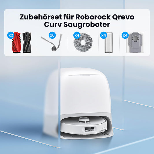 22 pieces accessories for Roborock Qrevo Curv/Qrevo Curv S5X/Qrevo Edge/Qrevo S5V robotic vacuum, 2 main brushes, 4 dust bags, 4 mopping cloths, 4 filters, 6 side brushes, 1 cleaning brush, 1 screwdriver.