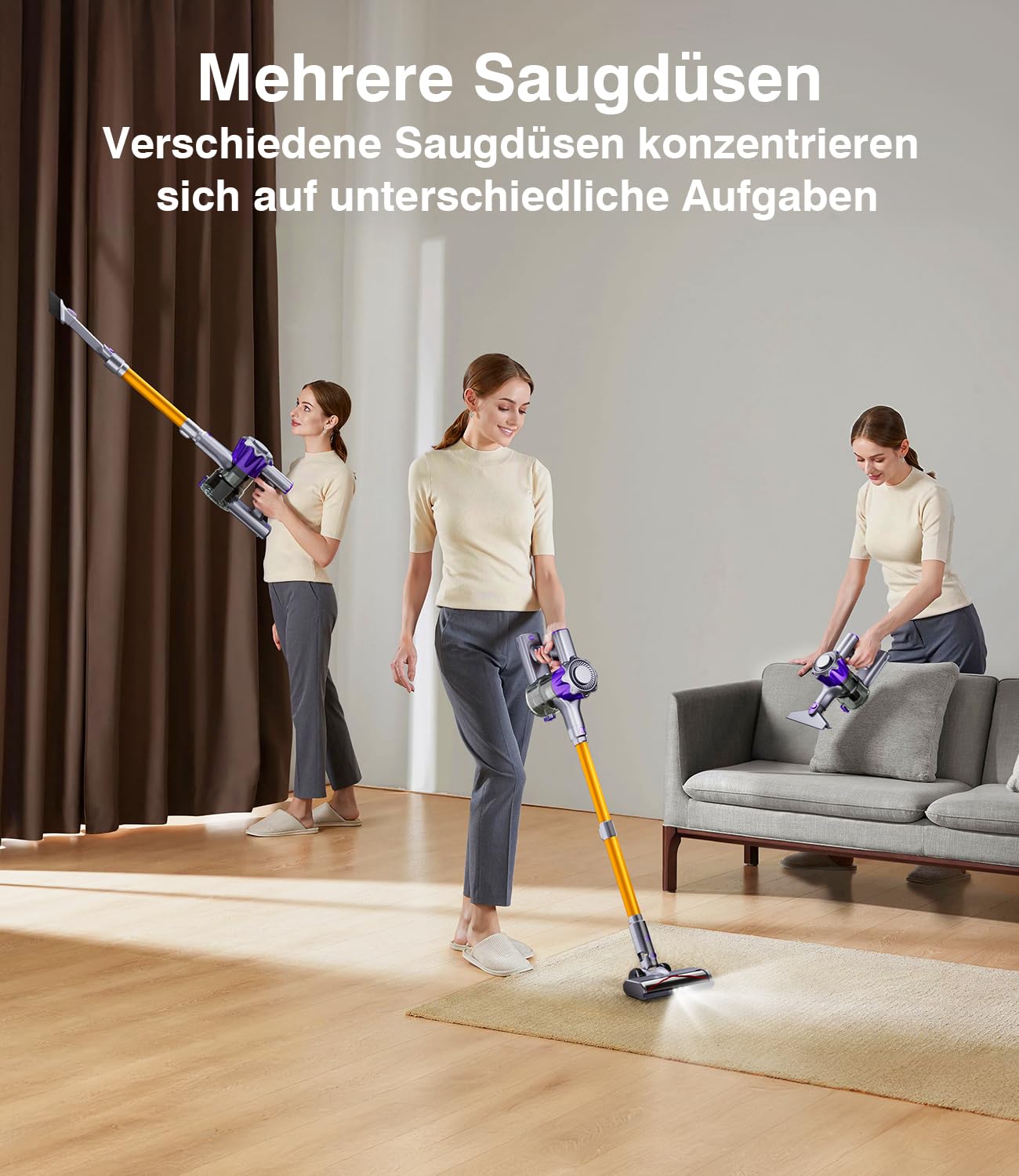 Cordless vacuum cleaner, 40000Pa/450W with smart display. Up to 50 minutes runtime. Comes with automatic mode and anti-tangle brush for carpets, hard floors, and pet hair.