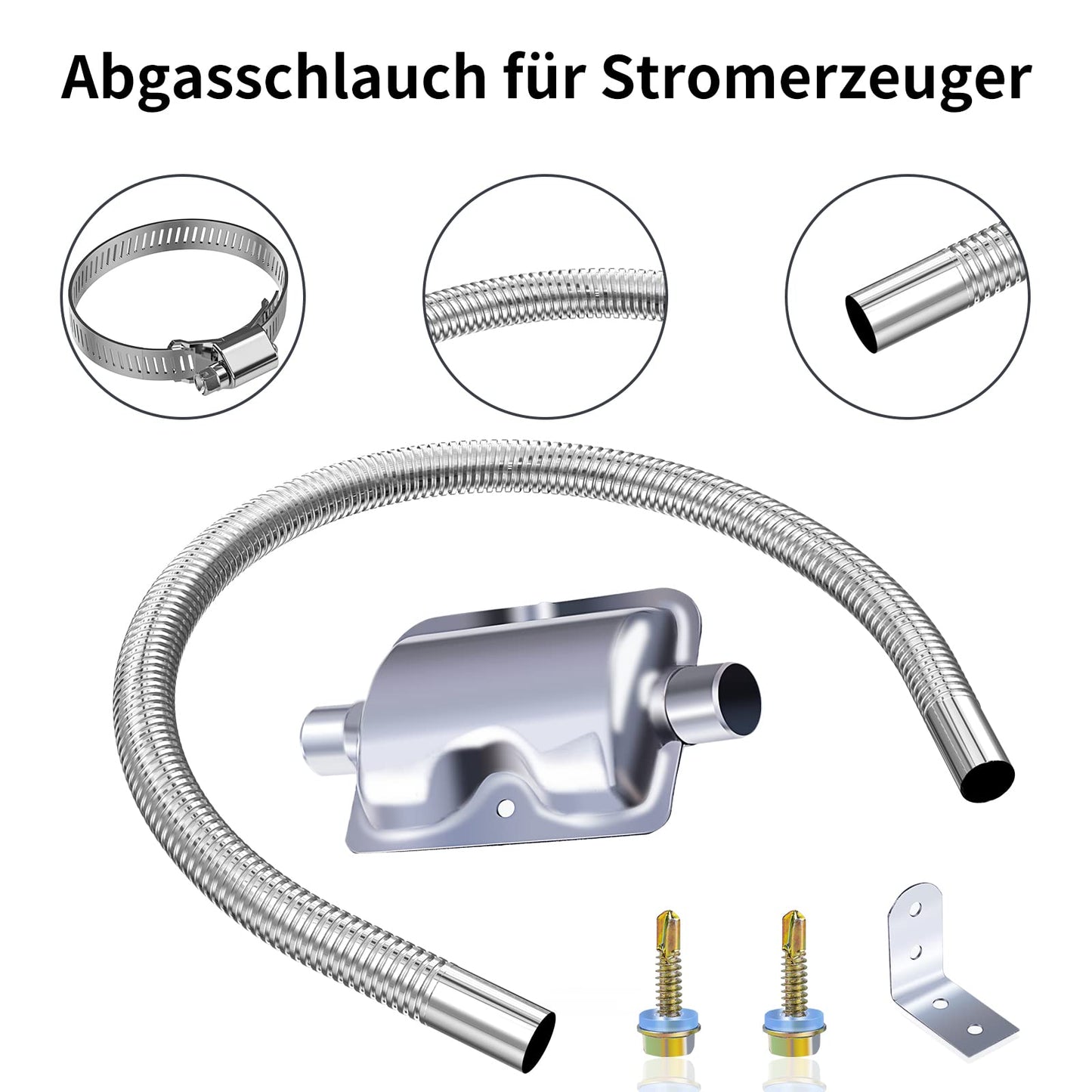 Exhaust pipe for generators, Cakapapo 200CM car stainless steel exhaust pipe and muffler, with two stainless steel clamps for diesel heaters (200CM)