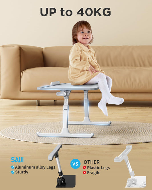 SAIJI Laptop Bed Table, adjustable height, tilt angle, foldable legs, sled feet, PVC leather tabletop, compatible with laptops up to 17 inches (Gray, 52*30cm).