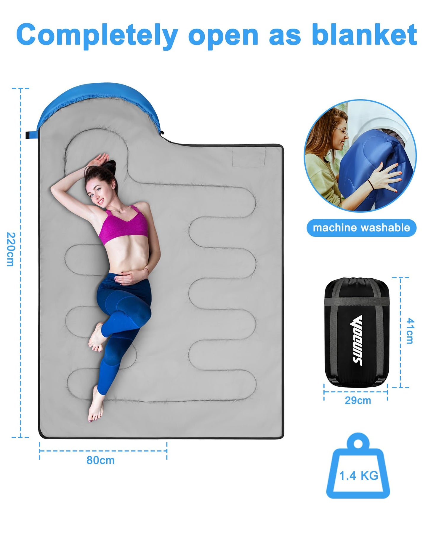 Outdoor camping 4-season sleeping bag for adults. 2-in-1 function as a blanket. Warm, lightweight, waterproof for backpacking, hiking, and travel. 220 x 80 cm.